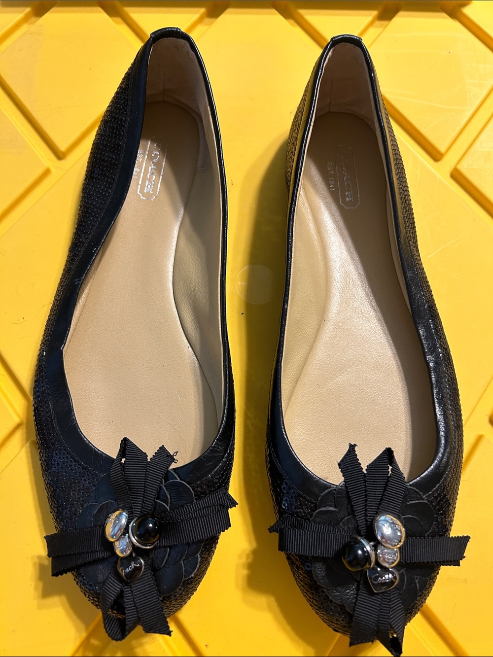 Coach Black Embellished Floral Bow Ballet Flats